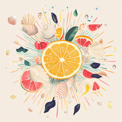 A circle surrounded by sunrays, seashells, and fruit slices