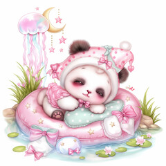 baby panda with pink balloon