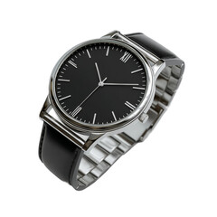 Close-up of a stylish wristwatch with a black face and metal bracelet