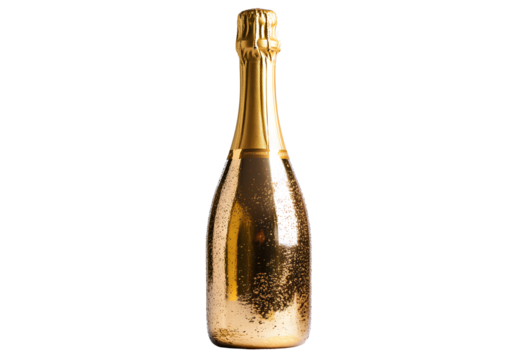Gold champagne bottle isolated on a transparent background, PNG image. 