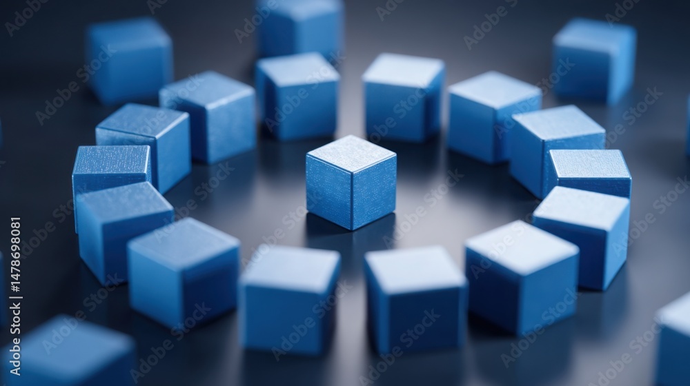 Poster dynamic circle of blue cubes representing blockchain-calculated trust arc and the concept of transpa
