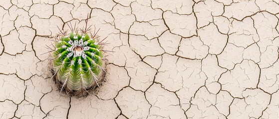 Green Cactus On Cracked Desert Ground
