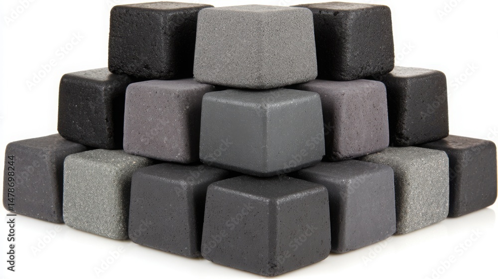 Poster structural design of a pyramid made of black and gray blocks symbolizing a blockchain deployed strat