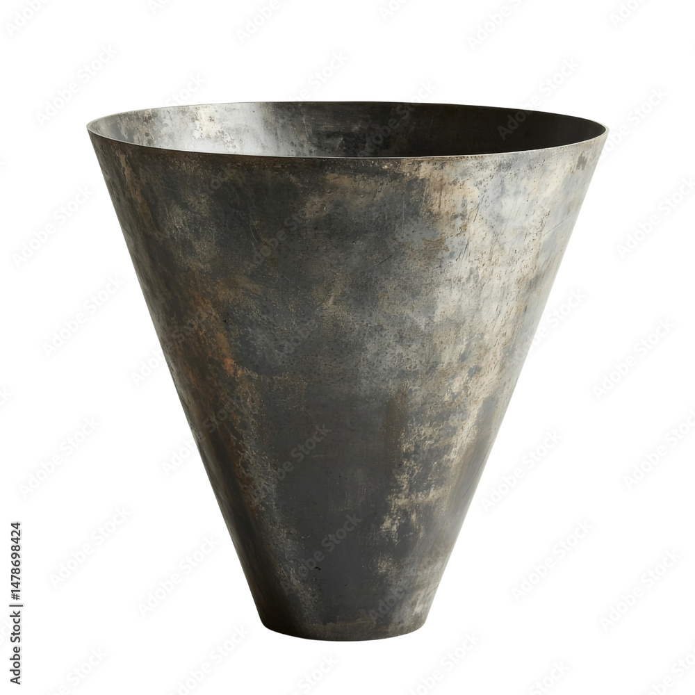 Poster metallic cone shaped vase with textured surface, showcasing rustic and industrial design. this uniqu