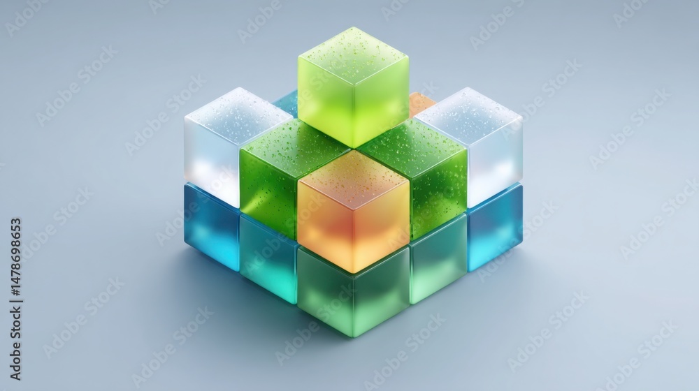 Poster unique cube composed of green and blue sections symbolizing blockchain governed equity planner conce