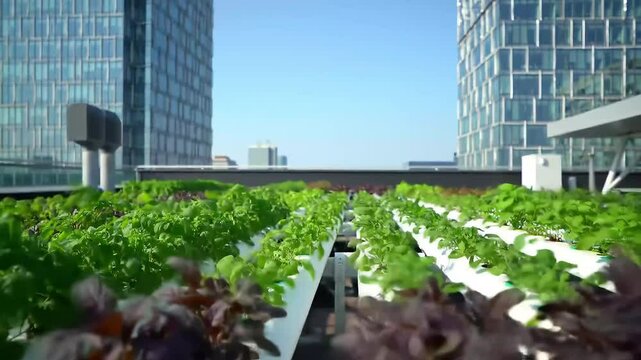 Close-up shot of a lush urban rooftop farm with a variety of plants growing in neat rows