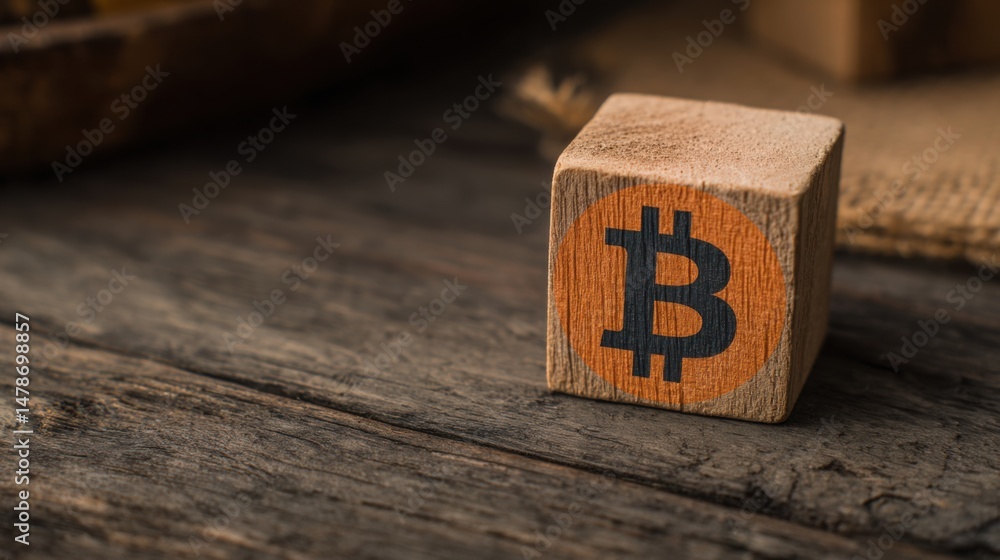 Aufkleber a wooden block with a bitcoin coin on top representing the intersection of tradition and modern fina