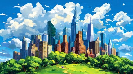 Obraz premium Sunny New York City skyline, park foreground