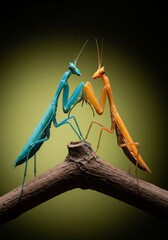 鮮やか祈る二匹の緑青黄緑カマキリ