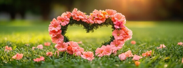 Floral heart on grass, symbol of love and nature.