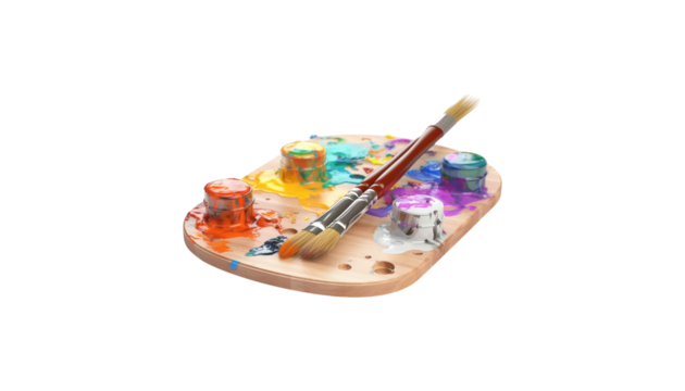 wooden artist palette with colorful paint blobs paint png