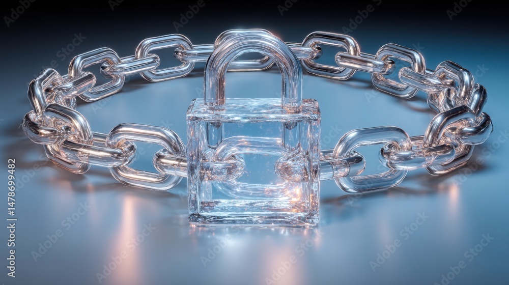 Poster strong chain coupled with a lock signifying security and trust in trade practices within a blockchai