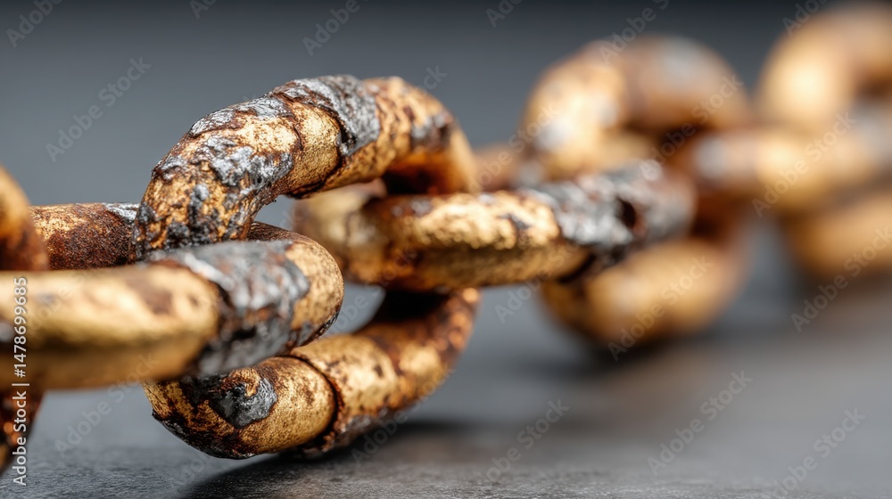 Poster striking image of a chain made of gold illustrating blockchain-secured ownership and digital share c