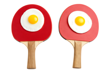 Ping pong paddles with fried eggs, creative food concept on transparent PNG background