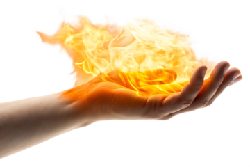  a hand holding fire isolated on white background PNG 