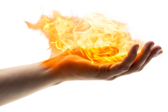  a hand holding fire isolated on white background PNG 