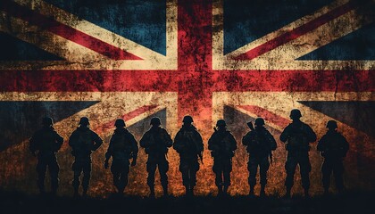 Silhouette soldiers before UK flag