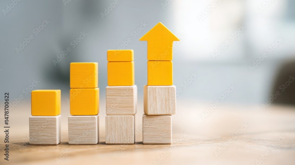Poster wooden block featuring a yellow arrow illustrating business expansion model and concept of logic-map