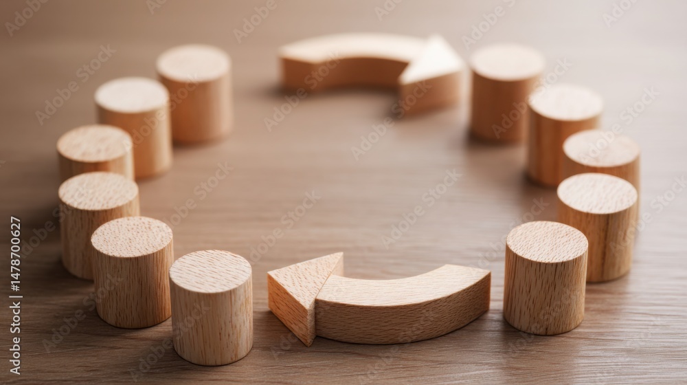 Poster circle of wooden blocks representing business expansion model and concept of logic-mapped growth in 