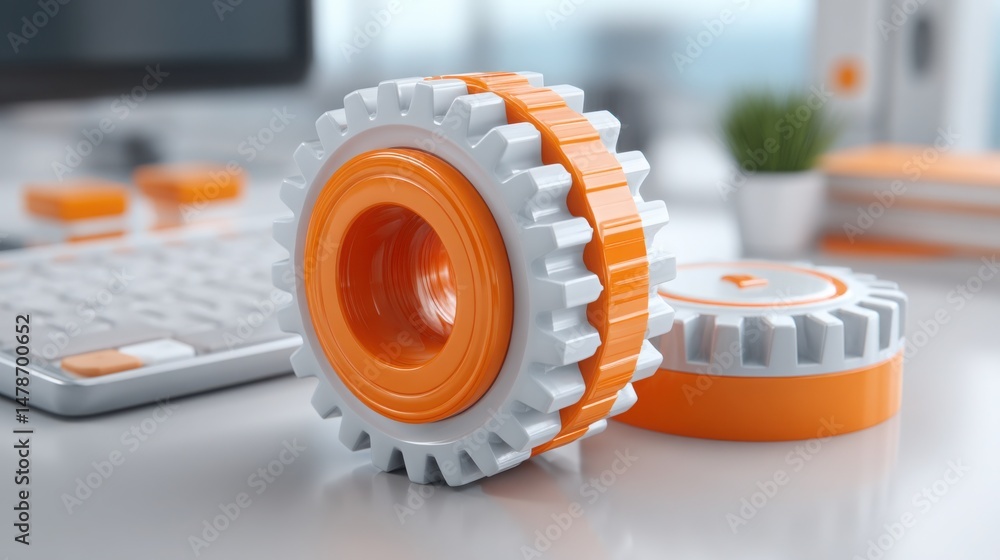 Poster computer displaying a gear wheel symbolizing business focus engine and concept of task-to-strategy a
