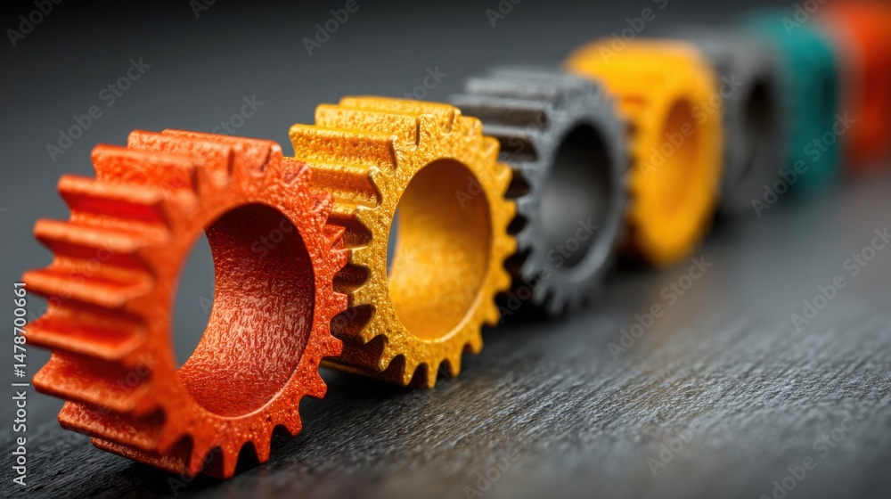 Poster group of gears working together illustrating business harmony node and concept of all operations in 