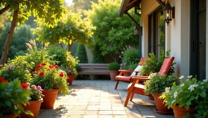 Fototapeta premium Vibrant potted plants add life to a sunny patio , ceramic, garden, bloom