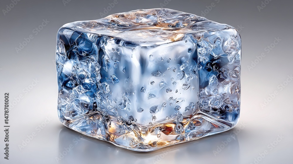 Poster crystal clear ice cube symbolizing transparency and purity in financial concepts and structural repr