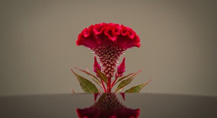 鮮やか紅色のケイトウ 美しく反射する水面