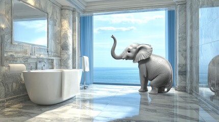 Luxurious bathroom, elephant, ocean view