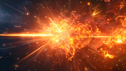 Fototapeta premium Dramatic explosion of fire and sparks with bright light streaks in a dark and smoky atmosphere