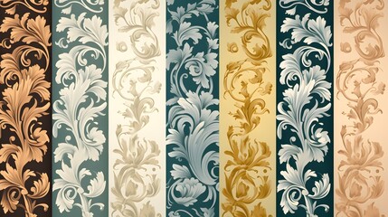 Baroque Style Wallpaper Cartoon Vector Illustration Set for Interior Design