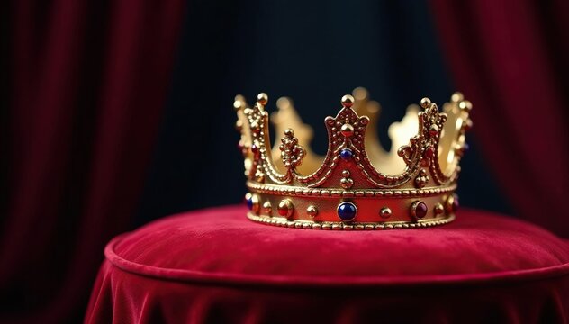 Majestic crown atop a velvet cushion, symbol of royal power , divine right, reign