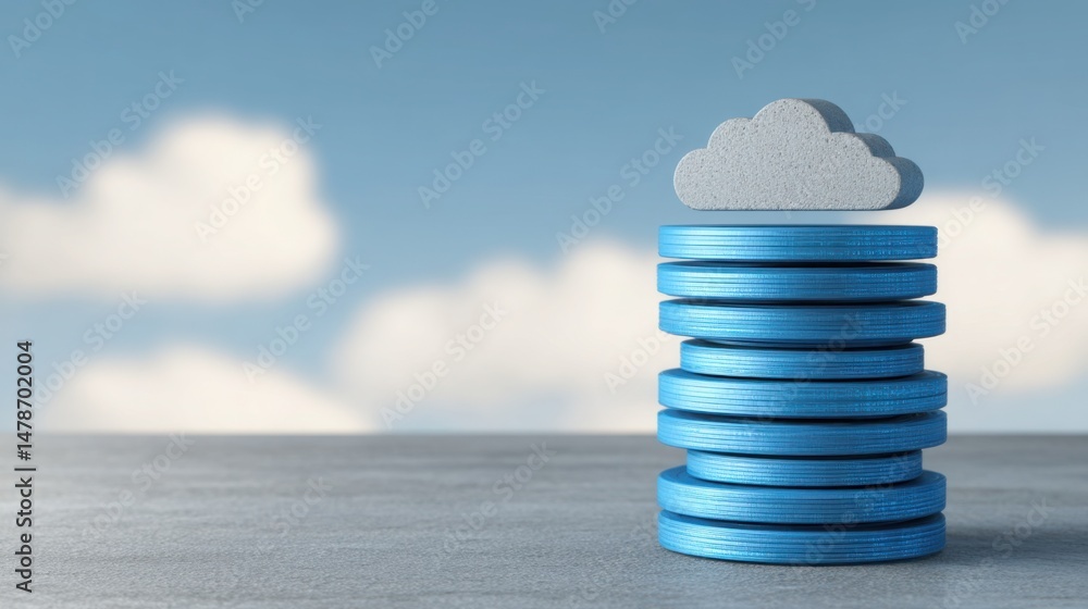Poster creative illustration of a cloud positioned on a stack of coins representing cloud-based roi structu