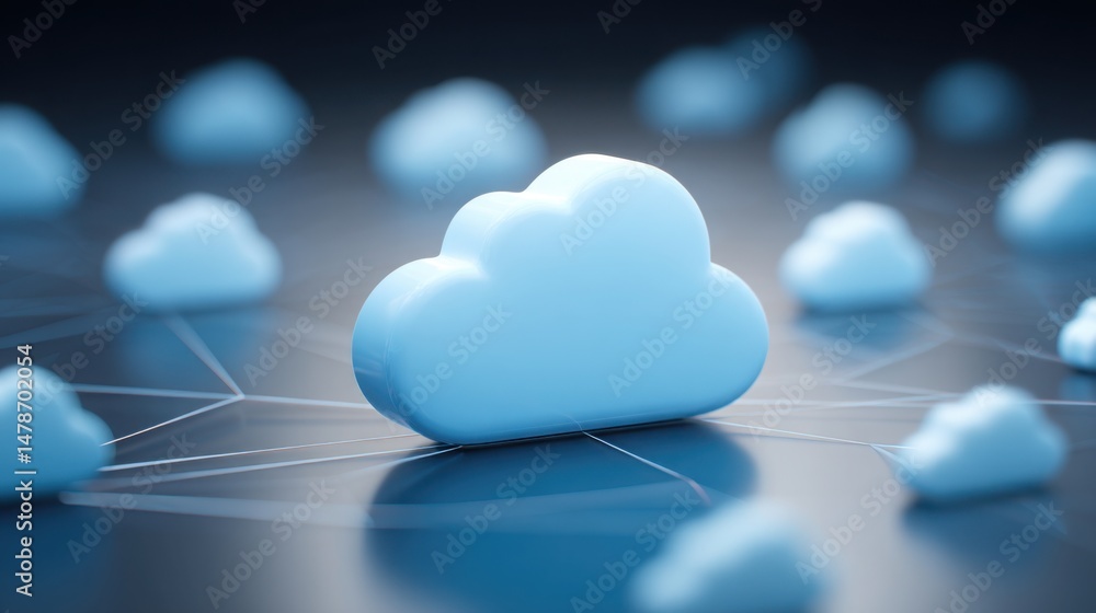 Poster cloud surrounded by a network of white clouds illustrating cloud-based strategy synchronizer for dis