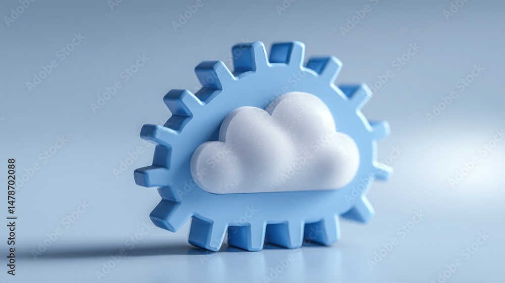 Poster cloud and gear wheel combination depicting cloud-based strategy synchronizer for efficient distribut