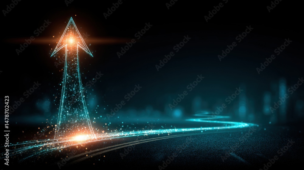 Poster illuminated road featuring a glowing arrow directing towards the future in a symbolic representation