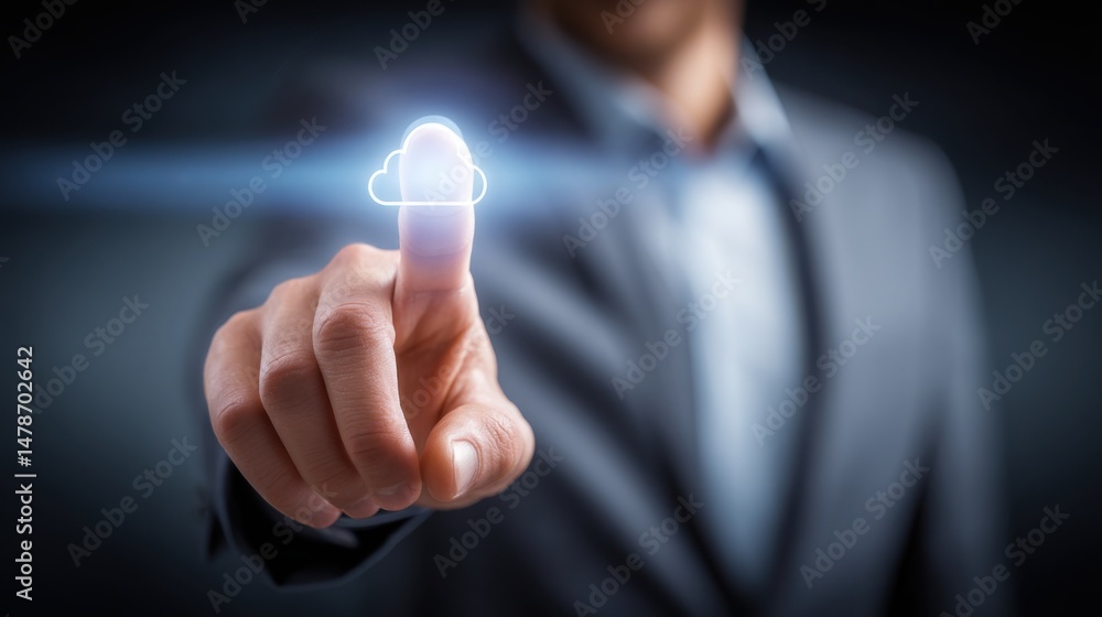 Poster a man touching a button symbolizing interaction with technology and user engagement in digital finan