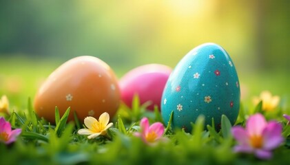 Close-up of colorful Easter eggs, selective focus on a single egg, spring background , easter eggs, spring, colorful eggs