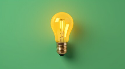 Glowing Yellow Light Bulb on Green Background

