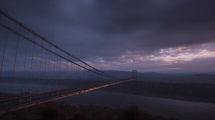 Obraz premium Bridge with Dramatic Sky, River Below, Cinematic Lighting, Detailed Structure, Tension in the Air