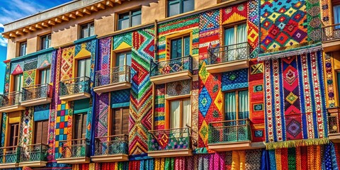 Fototapeta premium Summer Tribal Fabric Print: Architectural Photography with Doodle Art Design