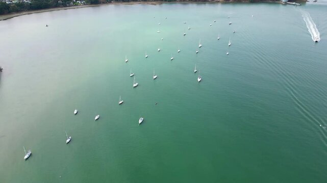 Drone Footage of Anchored Boats with Ferry Passing near Birkenhead, Auckland, New Zealand
