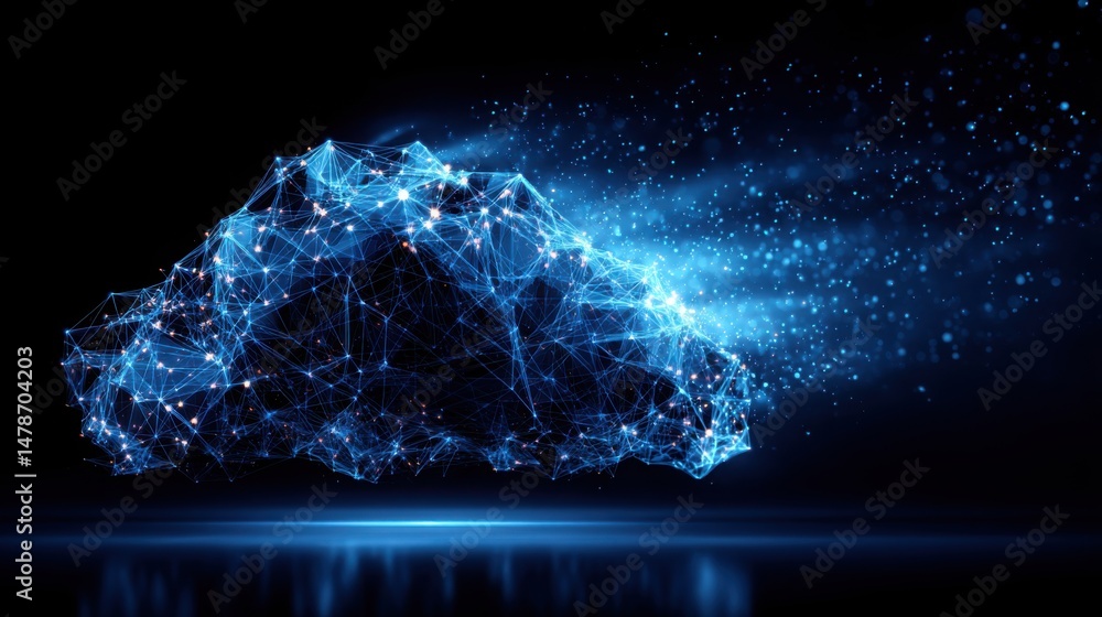 Poster artistic representation of a cloud interconnected with a network of dots symbolizing data flow and c