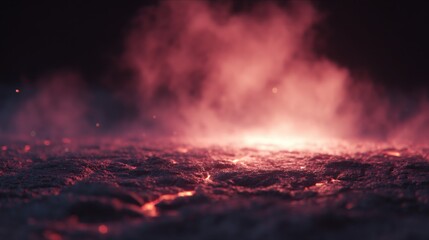 Fototapeta premium Cracked Volcanic Ground with Glowing Lava, Rising Smoke, Ash Particles, Dramatic Lighting from Below, Cinematic Terrain
