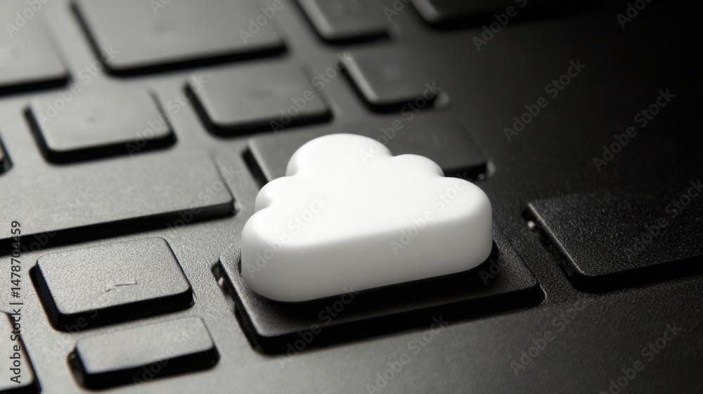 Poster cloud icon resting on a keyboard representing digital business operations and innovative computing i