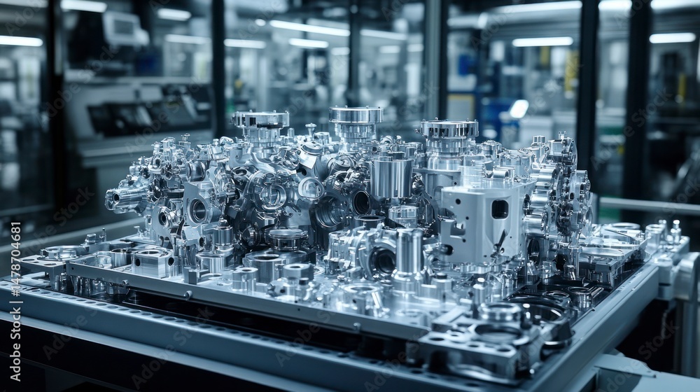 Poster factory engine components on production line