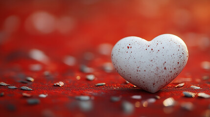Fototapeta premium A single white heart rests simply on a bold red matte background. The clean contrast makes the heart stand out, creating a strong, elegant, and loving visual feeling.