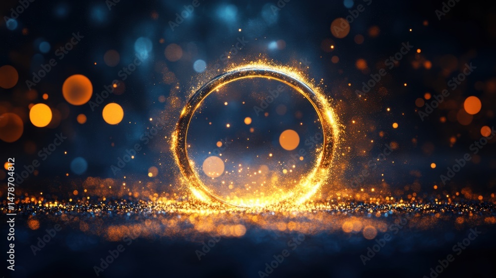 Poster golden ring sparkles abstract background festive design with bokeh lights and glittering particles c
