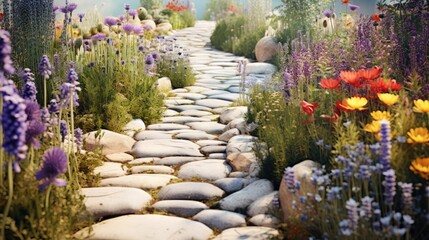 Stone Pathway Through a Colorful Flower Garden

