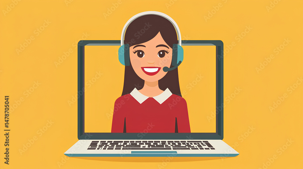 Poster a customer service representative is on the screen of an open and turned on laptop. she is wearing h